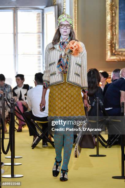 Model walks the runway at the Gucci Cruise 2018 show at Palazzo Pitti on May 29, 2017 in Florence, Italy.