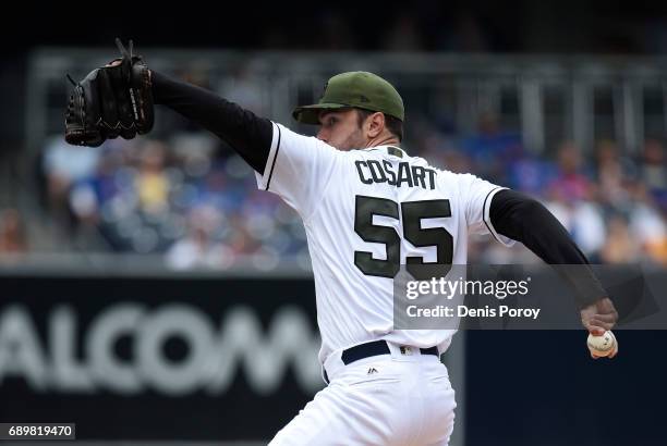Jarred Cosart of the San Diego Padres pitches during the first inning of a baseball game against the Chicago Cubs at PETCO Park on May 29, 2017 in...