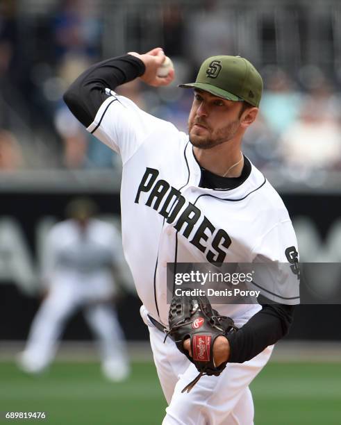 Jarred Cosart of the San Diego Padres pitches during the first inning of a baseball game against the Chicago Cubs at PETCO Park on May 29, 2017 in...