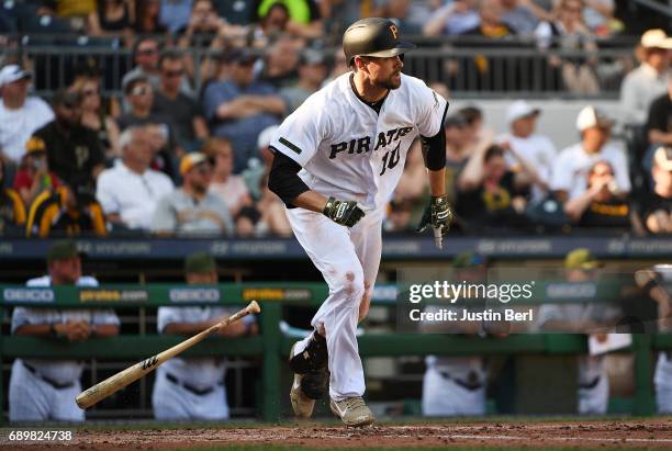 Jordy Mercer of the Pittsburgh Pirates singles to center field in the sixth inning during the game against the Arizona Diamondbacks at PNC Park on...