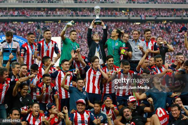 Matias Almeyda coach of Chivas lifts the champions trophy after winning the Final second leg match between Chivas and Tigres UANL as part of the...