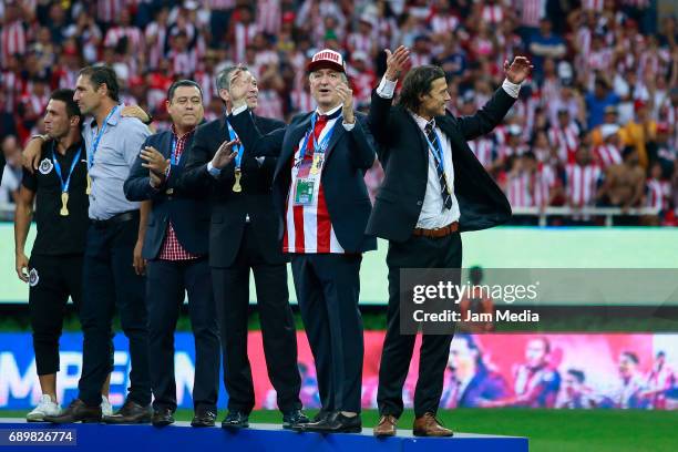 Jose Luis Higuera, Jorge Vergara and Matias Almeyda coach of Chivas celebrate the championship after winning the Final second leg match between...