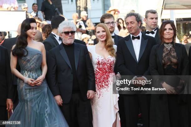 Fan Bingbing, Pedro Almodovar, Jessica Chastain, Paolo Sorrentino and Agnes Jaoui attend the Closing Ceremony during the 70th annual Cannes Film...