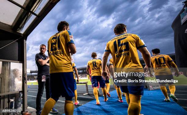 Players of Eintracht Braunschweig enter the pitch for the second half during the Bundesliga Playoff Leg 2 match between Eintracht Braunschweig and...