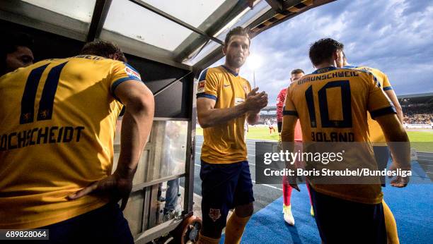 Players of Eintracht Braunschweig enter the pitch for the second half during the Bundesliga Playoff Leg 2 match between Eintracht Braunschweig and...