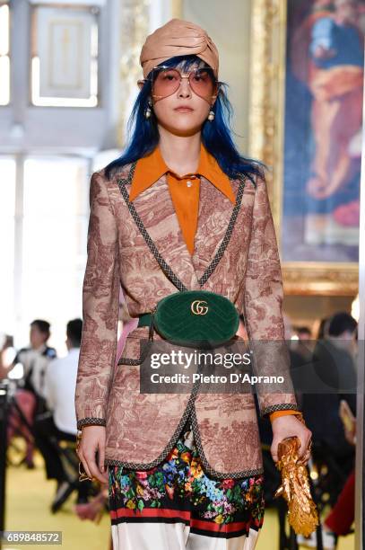 Model walks the runway at the Gucci Cruise 2018 show at Palazzo Pitti on May 29, 2017 in Florence, Italy.