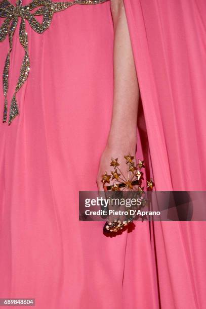 Model, fashion detail, walks the runway at the Gucci Cruise 2018 show at Palazzo Pitti on May 29, 2017 in Florence, Italy.