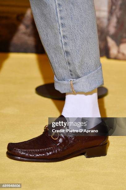Model, shoe detail, walks the runway at the Gucci Cruise 2018 show at Palazzo Pitti on May 29, 2017 in Florence, Italy.