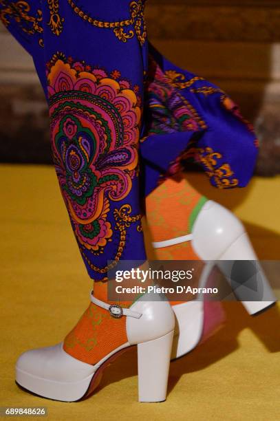 Model, shoe detail, walks the runway at the Gucci Cruise 2018 show at Palazzo Pitti on May 29, 2017 in Florence, Italy.