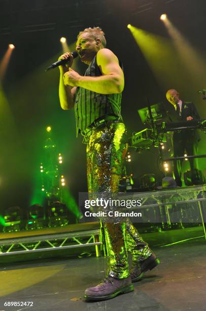 Andy Bell and Vince Clarke of Erasure perform on stage at the Roundhouse on May 29, 2017 in London, England.