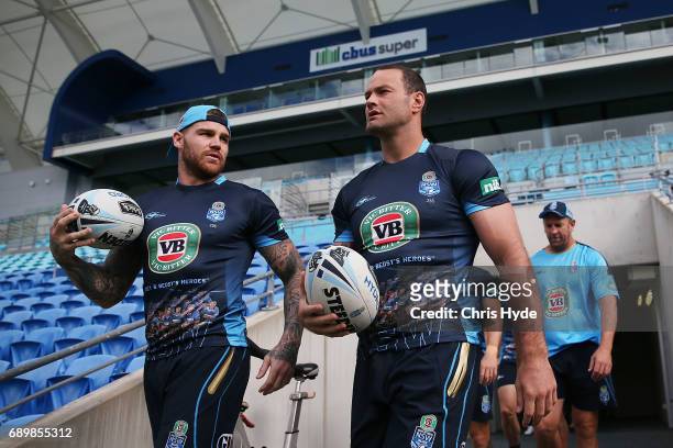 Josh Dugan and Boyd Cordner walk out for the New South Wales Blues State of Origin captain's run at Cbus Super Stadium on May 30, 2017 in Gold Coast,...