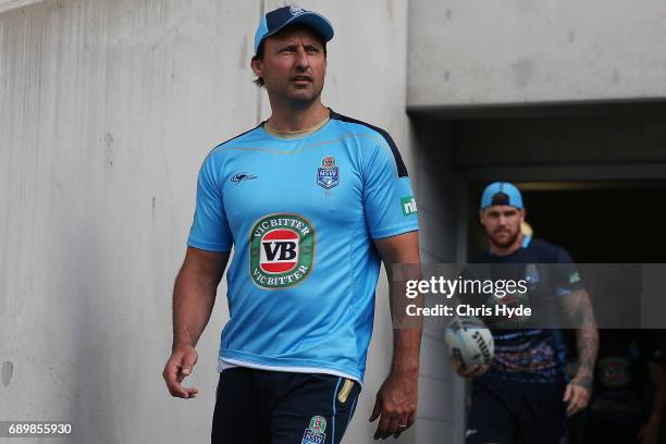 Coach Laurie Daley walks out for the New South Wales Blues State of Origin captain's run at Cbus Super Stadium on May 30, 2017 in Gold Coast,...