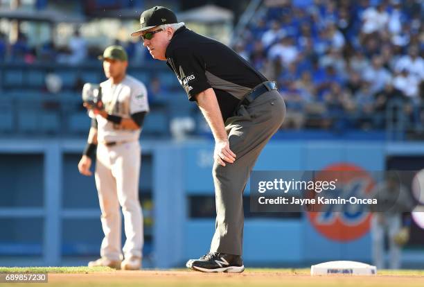 Umpire Brian Gorman in the game between the Los Angeles Dodgers and the Chicago Cubs at Dodger Stadium on May 27, 2017 in Los Angeles, California.