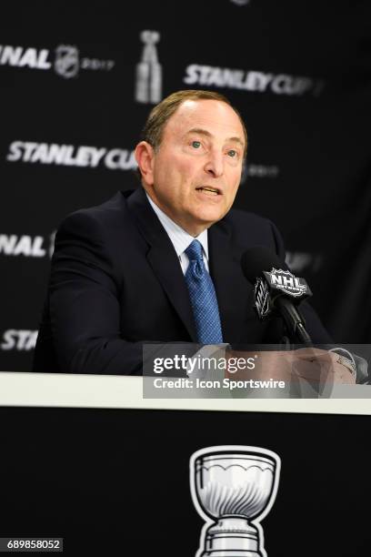 Commissioner Gary Bettman addresses the media before Game One during the 2017 NHL Stanley Cup Final between the Nashville Predators and the...