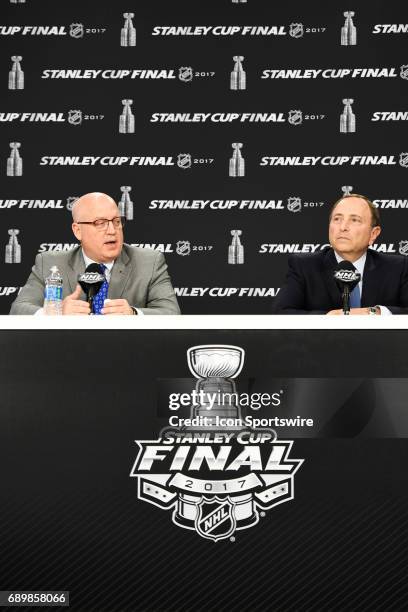 Commissioner Gary Bettman and Deputy Commissioner Bil Daly addresses the media before Game One during the 2017 NHL Stanley Cup Final between the...