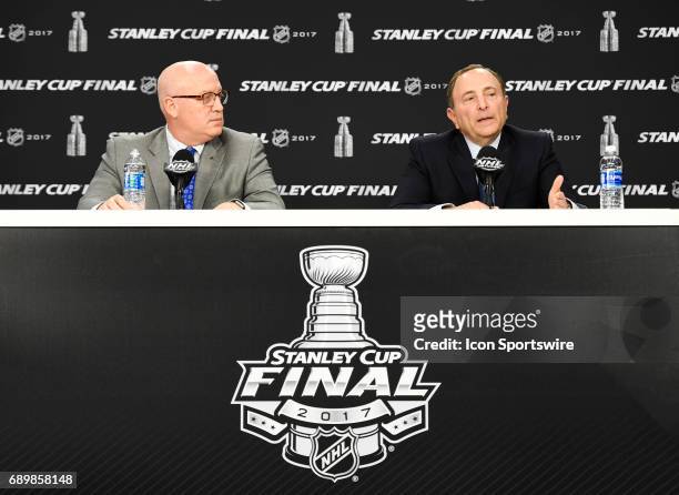 Commissioner Gary Bettman and Deputy Commissioner Bil Daly addresses the media before Game One during the 2017 NHL Stanley Cup Final between the...