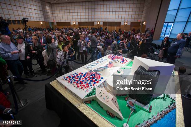 An 800 pound cake shaped like the John F. Kennedy Presidential Library at JFK100 Celebration on May 29, 2017 in Boston, Massachusetts. May 29th marks...