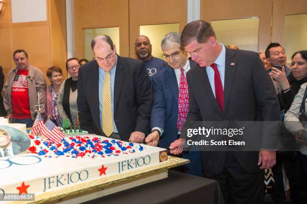 John F. Kennedy Presidential Library Acting Director, from left, James Roth, from left, Executive Director Steven M. Rothstein and Boston Mayor...