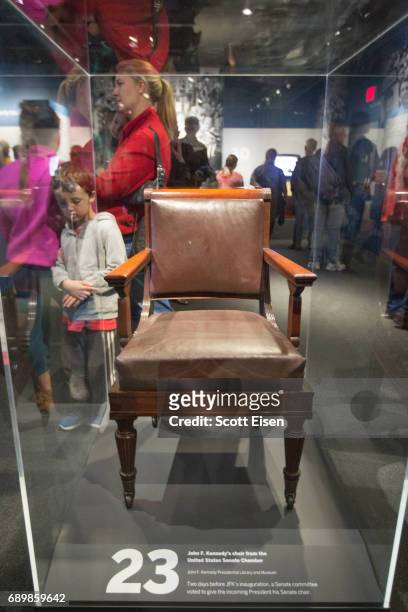 President John F. Kennedy's seat from when he was a Senator on display at the JFK 100: Milestones & Mementos Exhibit at the John F. Kennedy...