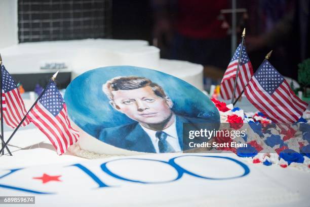 Detail on a 800 pound cake shaped like the John F. Kennedy Presidential Library at the JFK100 Celebration on May 29, 2017 in Boston, Massachusetts....
