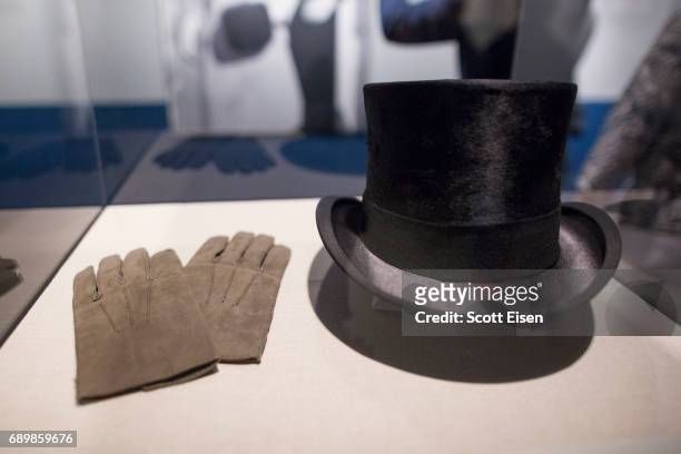 The hat and gloves worn by President John F. Kennedy at his inauguration on display at the JFK 100: Milestones & Mementos Exhibit at the John F....