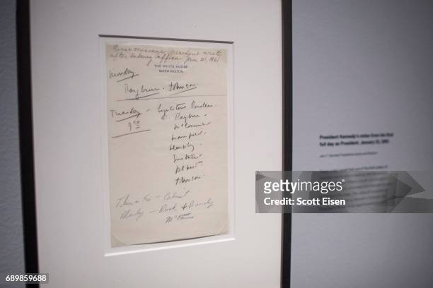 Notes from President John F. Kennedy's first day in office on display at the JFK 100: Milestones & Mementos Exhibit at the John F. Kennedy...