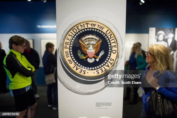 The Presidential Seal used by President John F. Kennedy at press conferences on display at the JFK 100: Milestones & Mementos Exhibit at the John F....