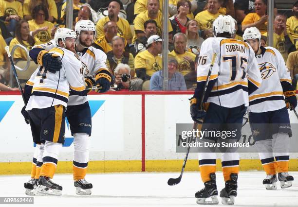 Ryan Ellis of the Nashville Predators celebrates his second period goal with teammate Filip Forsberg during Game One of the 2017 NHL Stanley Cup...