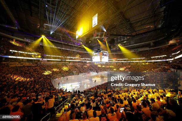 Light show is displayed on the ice prior to the first period between the Pittsburgh Penguins and the Nashville Predators of Game One of the 2017 NHL...