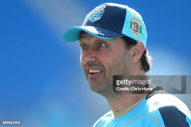 Coach Laurie Daley looks on during the New South Wales Blues State of Origin captain's run at Cbus Super Stadium on May 30, 2017 in Gold Coast,...