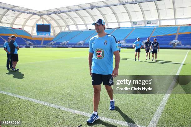 Coach Laurie Daley looks on during the New South Wales Blues State of Origin captain's run at Cbus Super Stadium on May 30, 2017 in Gold Coast,...