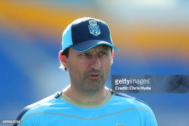 Coach Laurie Daley looks on during the New South Wales Blues State of Origin captain's run at Cbus Super Stadium on May 30, 2017 in Gold Coast,...