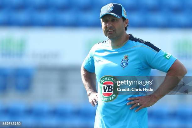 Coach Laurie Daley looks on during the New South Wales Blues State of Origin captain's run at Cbus Super Stadium on May 30, 2017 in Gold Coast,...