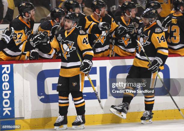 Conor Sheary of the Pittsburgh Penguins celebrates his goal in the first period of Game One of the 2017 NHL Stanley Cup Final against the Nashville...