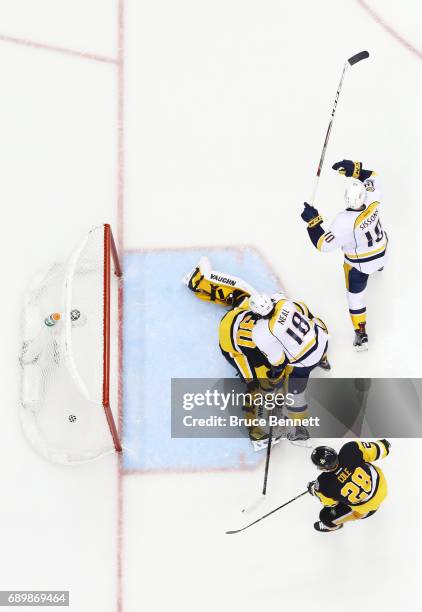 Colton Sissons of the Nashville Predators reacts after scoring a goal past Matt Murray of the Pittsburgh Penguins during the third period in Game One...