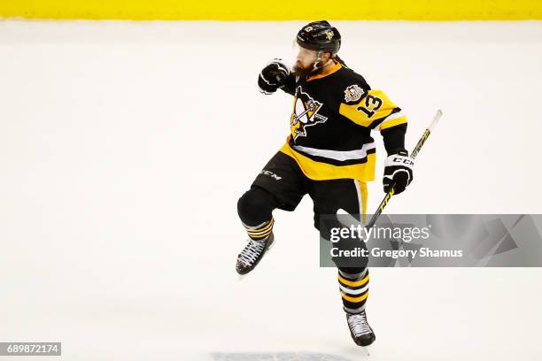 Nick Bonino of the Pittsburgh Penguins reacts after scoring an empty net goal during the third period in Game One of the 2017 NHL Stanley Cup Final...