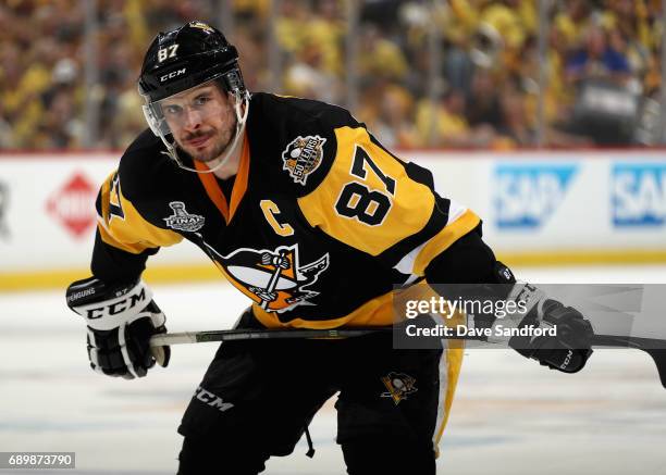 Sidney Crosby of the Pittsburgh Penguins plays in the second period of Game One of the 2017 NHL Stanley Cup Final against the Nashville Predators at...