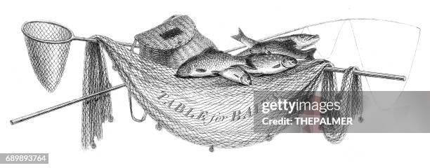 fish net hooks engraving 1812 - vintage fishing lure stock illustrations