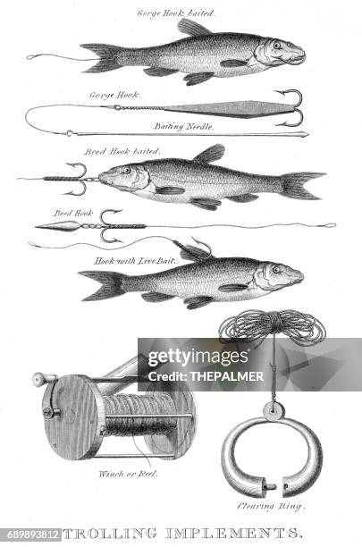 fish snap hooks engraving 1812 - troll stock illustrations