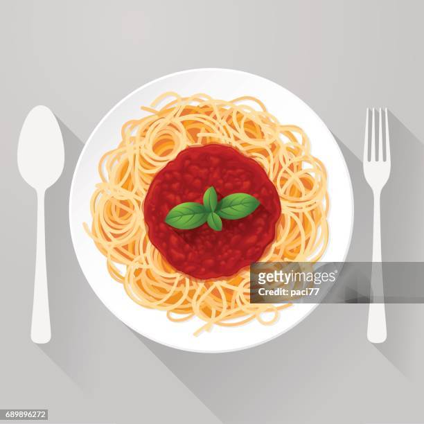 spaghetti pasta with tomato sauce and basil - plate stock illustrations