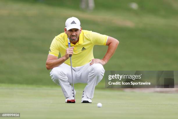 Sergio Garcia lines up his putt on during the final round of the PGA Dean & Deluca Invitational on May 28, 2017 at Colonial Country Club in Fort...