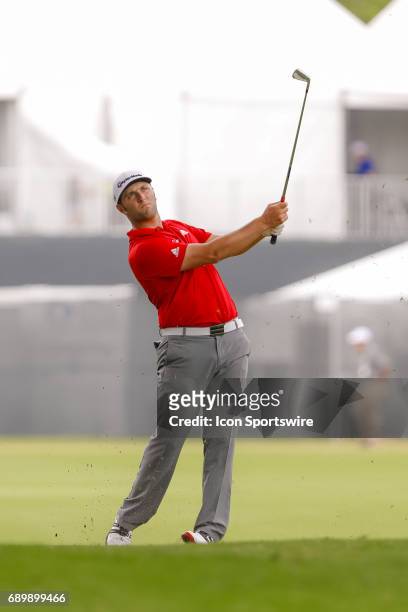Jon Rahm hits his approach shot to during the final round of the PGA Dean & Deluca Invitational on May 28, 2017 at Colonial Country Club in Fort...