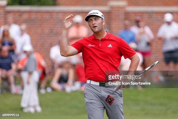 Jon Rahm reacts after missing his short birdie putt on during the final round of the PGA Dean & Deluca Invitational on May 28, 2017 at Colonial...