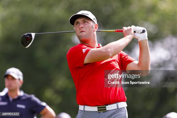 Jon Rahm hits his tee shot on during the final round of the PGA Dean & Deluca Invitational on May 28, 2017 at Colonial Country Club in Fort Worth, TX.