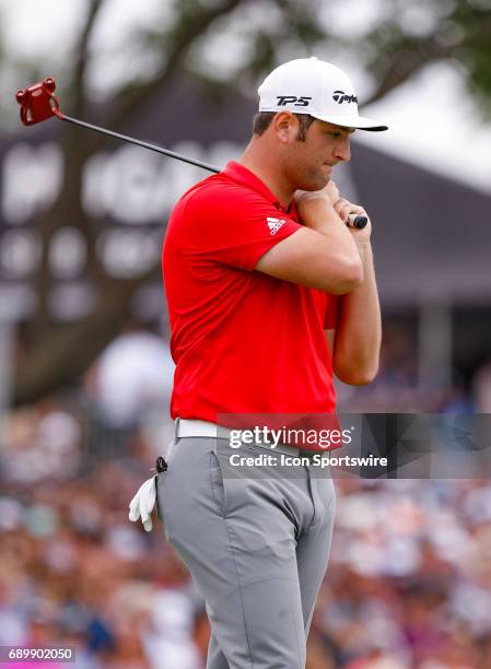 Jon Rahm reacts after missing his birdie attempt on during the final round of the PGA Dean & Deluca Invitational on May 28, 2017 at Colonial Country...