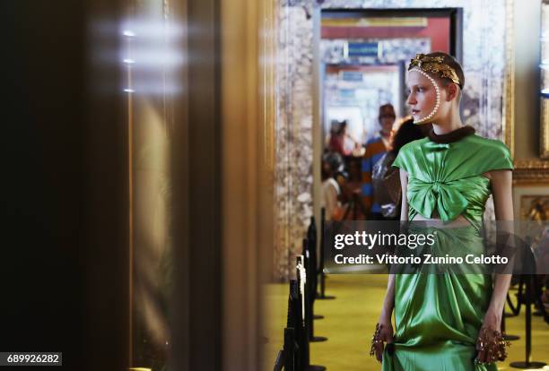 Model walks the runway at the Gucci Cruise 2018 show at Palazzo Pitti on May 29, 2017 in Florence, Italy.