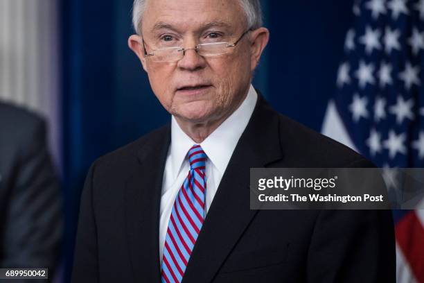 Attorney General Jeff Sessions talks to reporters and members of the media during the daily press briefing at the White House in Washington, DC on...