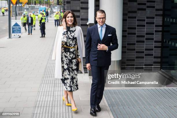 Crown Princess Mary of Denmark and Crown Prince Daniel of Sweden visit Nya Karolinska Universitetssjukhuset on May 30, 2017 in Stockholm, Sweden.