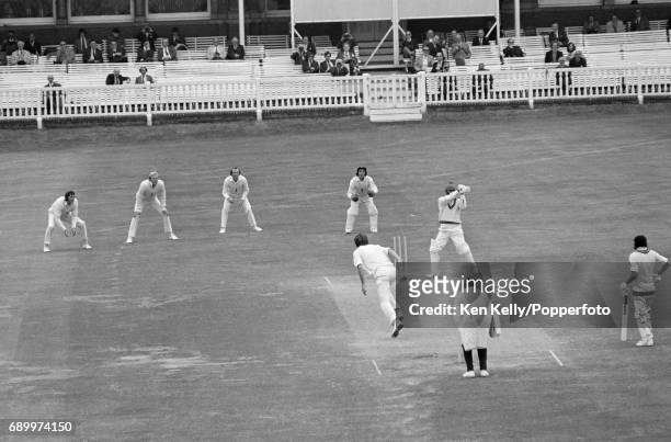 Chris Old of England bowls Indian batsman Bishan Bedi for 0 and England win the 2nd Test match between England and India by an innings and 285 runs,...