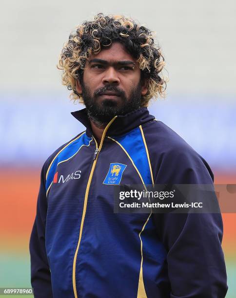 Lasith Malinga of Sri Lanka looks on during the ICC Champions Trophy Warm-up match between New Zealand and Sri Lanka at Edgbaston on May 30, 2017 in...